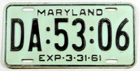 A single classic 1961 Maryland car License Plate for sale by Brandywine General Store in very good plus condition
