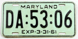 A single classic 1961 Maryland car License Plate for sale by Brandywine General Store in very good plus condition