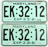A pair of classic 1961 Maryland car License Plates for sale by Brandywine General Store in very good minus condition