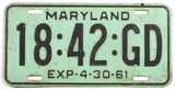 A single classic 1961 Maryland truck License Plate for sale by Brandywine General Store in very good minus condition