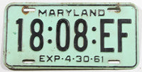 A single classic 1961 Maryland truck License Plate for sale by Brandywine General Store in very good minus condition
