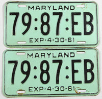 A pair of classic 1961 Maryland truck License Plates for sale by Brandywine General Store in very good plus condition