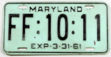 A single classic 1961 Maryland car License Plate for sale by Brandywine General Store in very good condition