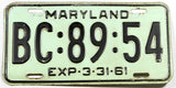 A single classic 1961 Maryland car License Plate for sale by Brandywine General Store in very good condition