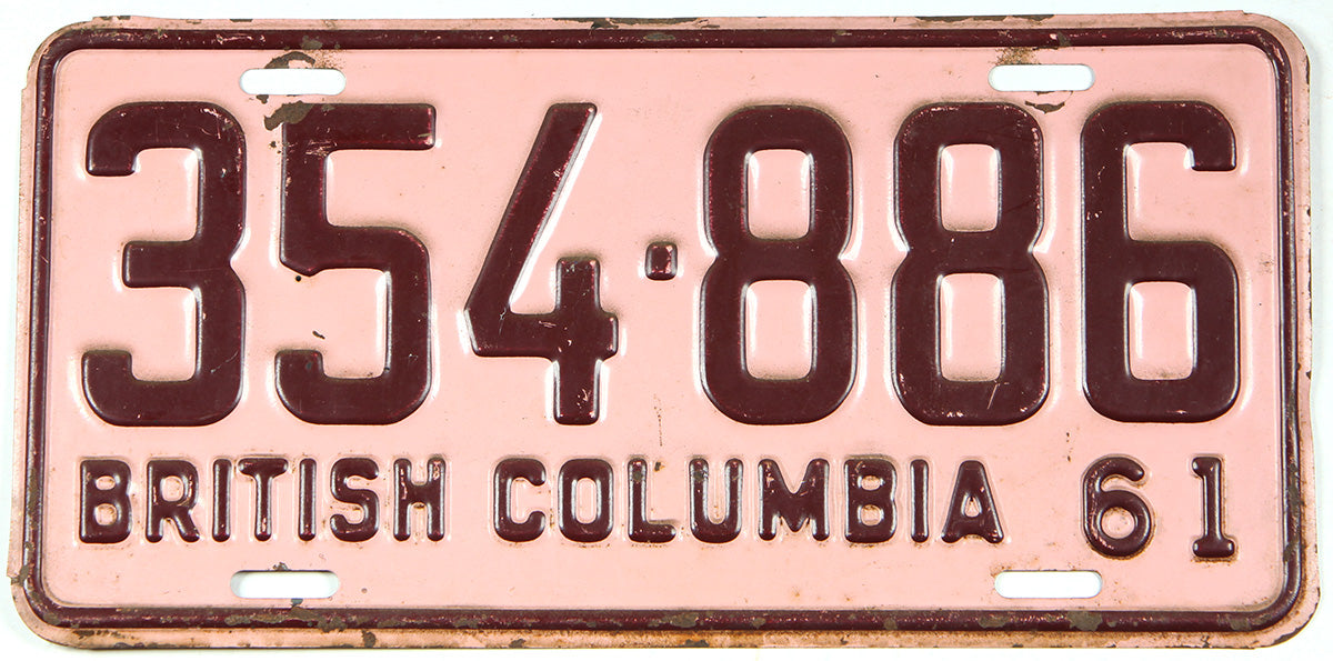 Classic 1961 British Columbia car license plate grading very good plus