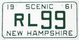 Vintage New Hampshire license plate with text '1961 Scenic RL99' on a white background