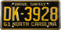 Classic 1961 North Carolina car license plate grading excellent minus