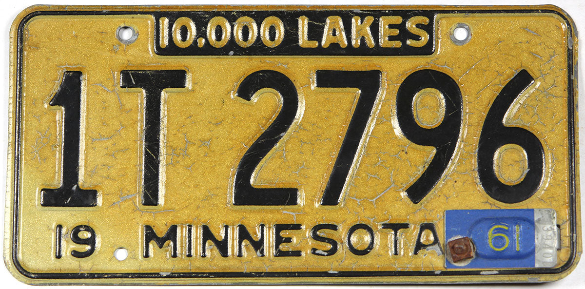 Classic 1961 Minnesota car license plate in good plus condition