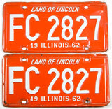 A classic pair of 1962 Illinois Passenger Automobile License Plates for sale by Brandywine General Store in very good condition