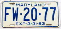 A single classic 1962 Maryland passenger car license plate for sale by Brandywine General Store in very good plus condition
