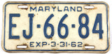 A single classic 1962 Maryland passenger car license plate for sale by Brandywine General Store in good plus condition