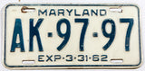 A single classic 1962 Maryland passenger car license plate for sale by Brandywine General Store in very good condition