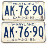 A pair of classic 1962 Maryland car license plates for sale by Brandywine General Store in very good minus condition