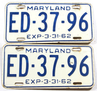 A pair of classic 1962 Maryland car license plates for sale by Brandywine General Store in very good condition
