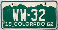 1962 single Colorado car license plate grading very good with some staining
