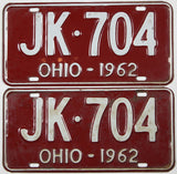 classic pair of 1962 Ohio car license plates grading very good minus