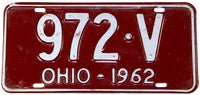 A single classic 1962 Ohio passenger car license plate available for sale by Brandywine General Store in very good condition
