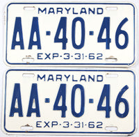pair classic 1962 Maryland car license plates in very good plus condition
