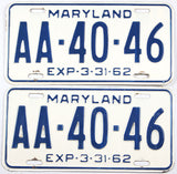 pair classic 1962 Maryland car license plates in very good plus condition