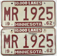 Classic pair 1962 Minnesota car license plates averaging grade of very good