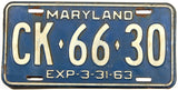 A classic single1963 Maryland car License Plate for sale by Brandywine General Store in very good minus condition