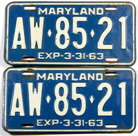 A classic pair of 1963 Maryland car License Plates for sale at Brandywine General Store in very good condition