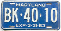 A classic single1963 Maryland car License Plate for sale by Brandywine General Store in very good minus condition