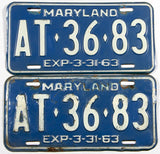 A classic pair of 1963 Maryland car License Plates for sale at Brandywine General Store one plate very good plus, other one only good