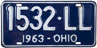 A single classic 1963 Ohio Car License Plate for sale by Brandywine General Store in very good plus condition
