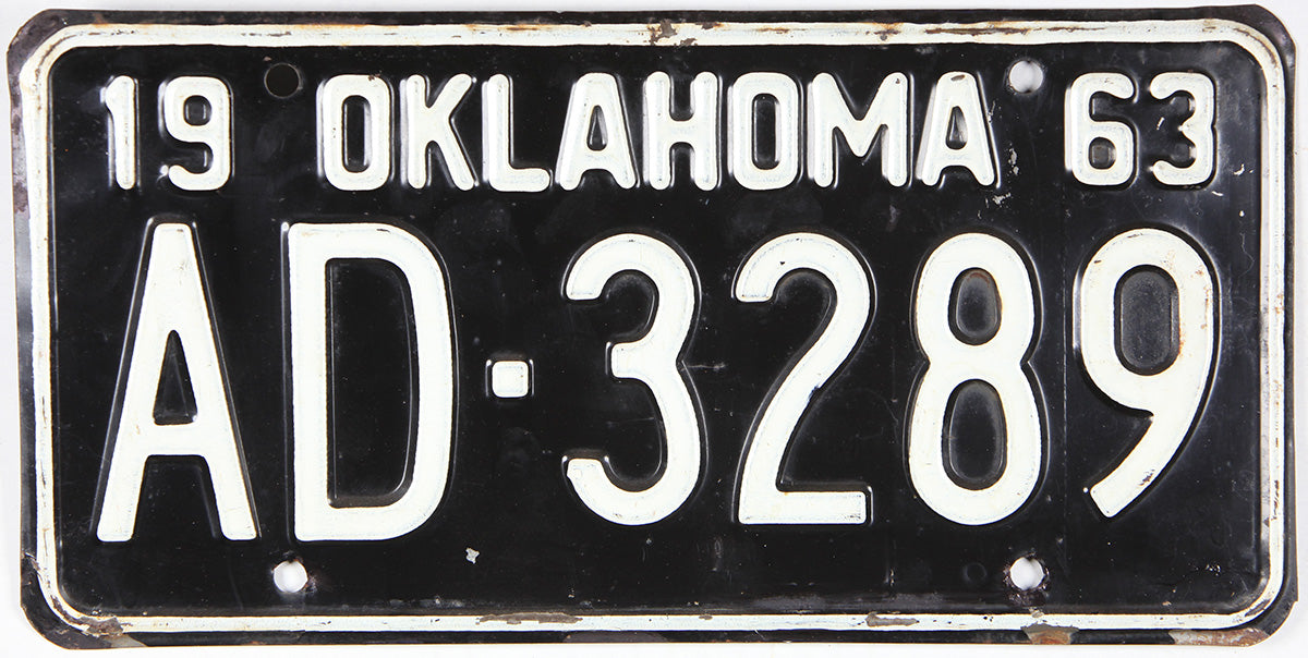 Vintage single 1963 Oklahoma car license plate in very good condition