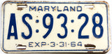 A single classic 1964 Maryland passenger car license plate for sale by Brandywine General Store in very good minus condition