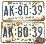 A pair of classic 1964 Maryland car license plates for sale by Brandywine General Store in fair condition