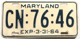A single classic 1964 Maryland passenger car license plate for sale by Brandywine General Store very good condition with yellowing