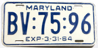 A single classic 1964 Maryland passenger car license plate for sale by Brandywine General Store in excellent minus condition