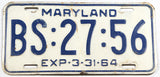 A single classic 1964 Maryland passenger car license plate for sale by Brandywine General Store in very good condition with bend