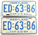A pair of classic 1964 Maryland car license plates in repainted very good plus condition