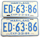 A pair of classic 1964 Maryland car license plates for sale by Brandywine General Store in repainted very good plus condition