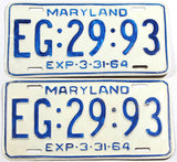 A pair of classic 1964 Maryland car license plates for sale by Brandywine General Storein very good plus repainted condition
