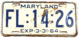 A single classic 1964 Maryland passenger car license plate for sale by Brandywine General Store in very good minus condition in good plus condition