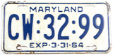 A single classic 1964 Maryland passenger car license plate for sale by Brandywine General Store in very good minus condition