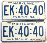 A pair of classic 1964 Maryland car license plates for sale by Brandywine General Store in very good condition