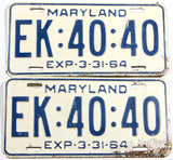 A pair of classic 1964 Maryland car license plates for sale by Brandywine General Store in very good condition