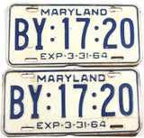 A pair of classic 1964 Maryland car license plates for sale by Brandywine General Store in very good condition with bends