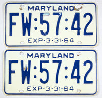 A pair of classic 1964 Maryland car license plates for sale by Brandywine General Store in very good plus condition
