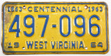 A 1964 West Virginia Passenger Automobile license plate for sale by Brandywine General Store in very good minus condition