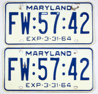A pair of classic 1964 Maryland car license plates in very good plus condition