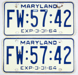 A pair of classic 1964 Maryland car license plates in very good plus condition
