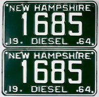 Two New Hampshire diesel license plates from 1964 with the number 1685.
