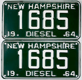 Two New Hampshire diesel license plates from 1964 with the number 1685.
