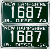 Two New Hampshire diesel license plates from 1964 with the number 1687.